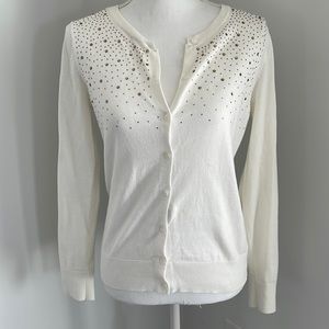 LOFT cream colored button down sweater with gold embellishments